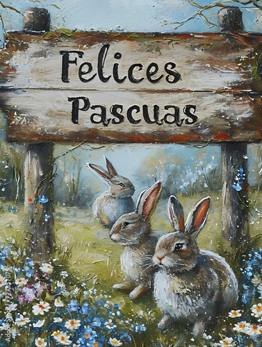 'Felices Pascuas' Typography on an illustrated wooden Sign surrounded by Bunnies. Illustrated Background of a beautiful Spring Landscape 
