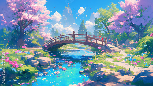 Romantic Pixel Art Landscape with Couple on Japanese-style Bridge