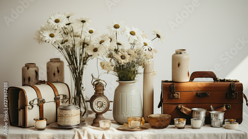 Vintage still life with daisies and antiques ideal for home decor and interior design themes photo