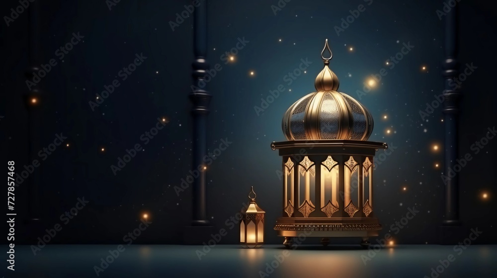 Premium Eid greeting card illustration with luxurious design. Eid Mubarak background with stars and moon. Islamic lamp design with Eid design - obrazy, fototapety, plakaty 