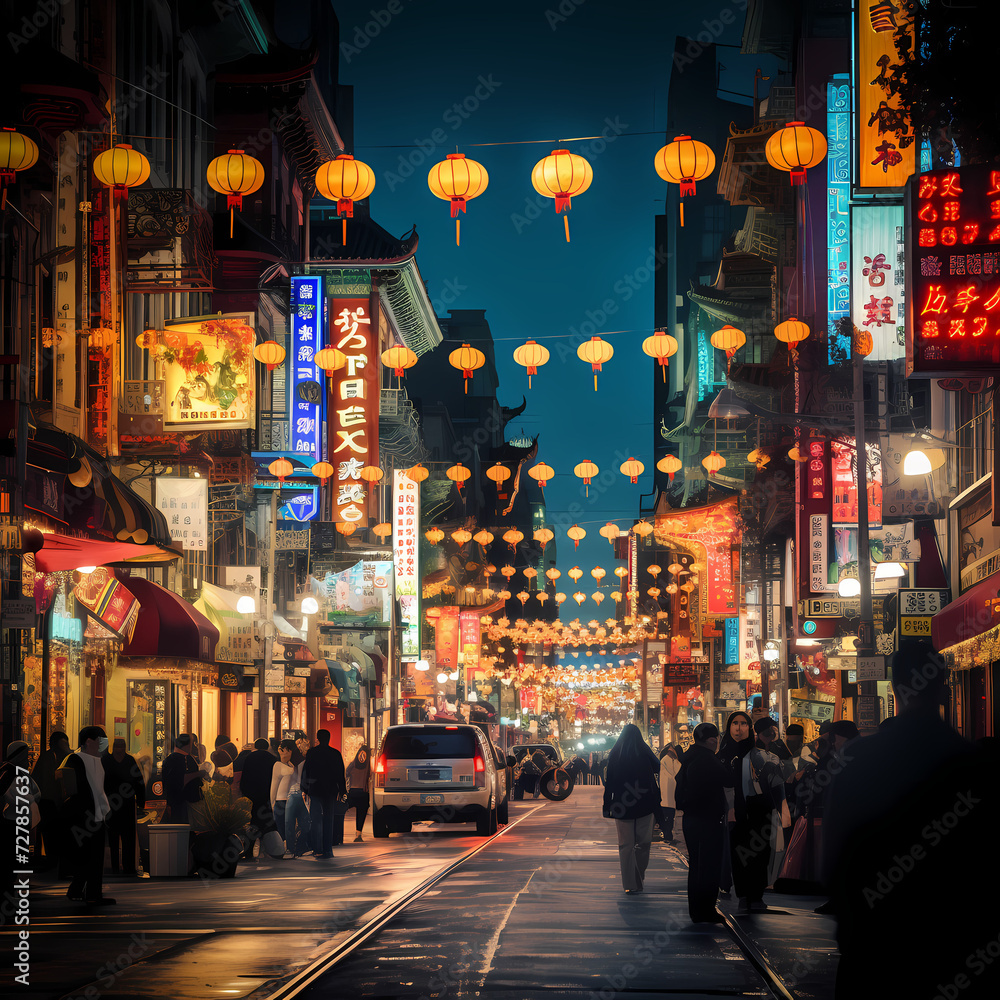 A bustling Chinatown street with lanterns.