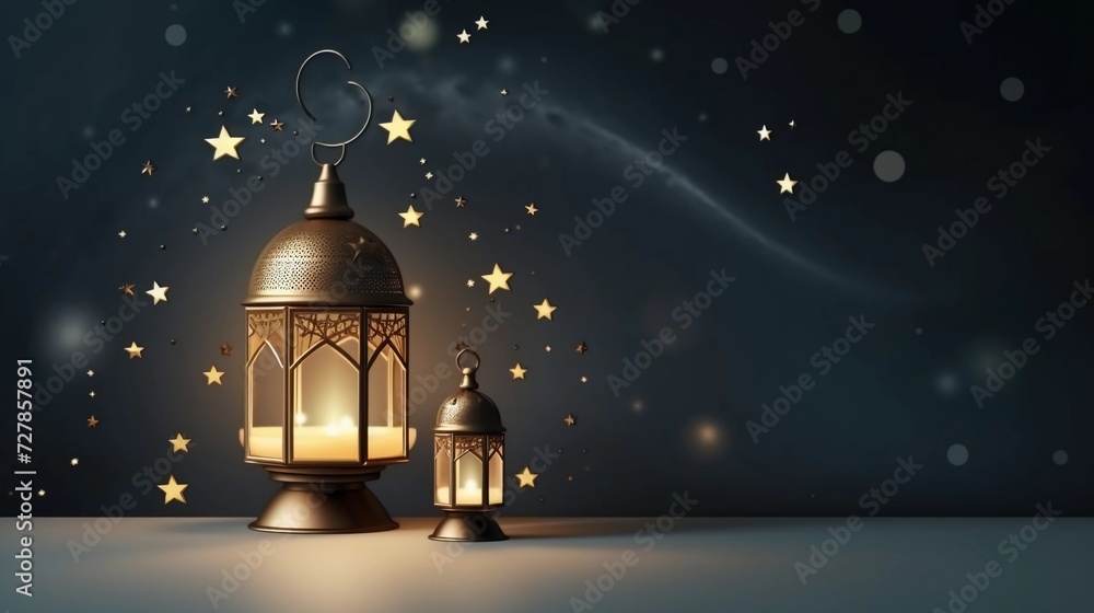 Premium Eid greeting card illustration with luxurious design. Eid Mubarak background with stars and moon. Islamic lamp design with Eid design