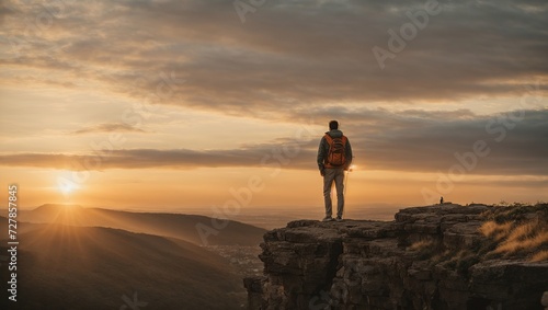 Man standing on top of cliff at sunset photo