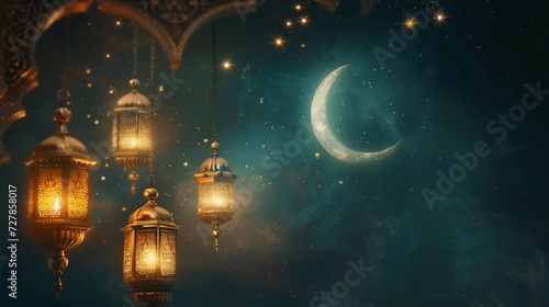 Premium Eid greeting card illustration with luxurious design. Eid Mubarak background with stars and moon. Islamic lamp design with Eid design © Ahmad