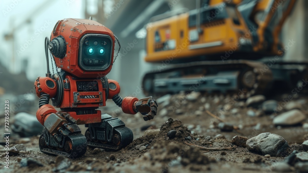 old mini1970 sci fi robot engineer and a man inspection construction work with a robot worker old mini1970 sci fi robot engineer and a man inspection construction work with a robot worker