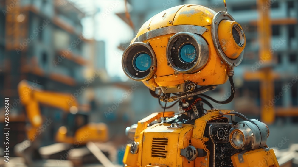 old mini1970 sci fi robot engineer and a man inspection construction work with a robot worker old mini1970 sci fi robot engineer and a man inspection construction work with a robot worker