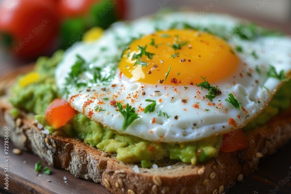 A close-up of a gourmet avocado toast topped with a perfectly fried egg Healthy Breakfast. Egg and Avocado Toast A close-up of a gourmet avocado toast topped with a perfectly fried egg Healthy Breakfast. Egg and Avocado Toast