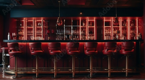 Empty bar in a trendy modern night club chairs in row, red theme from Generative AI
