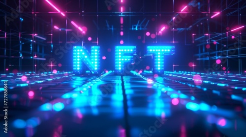 the word nft on 3d pixellated background.