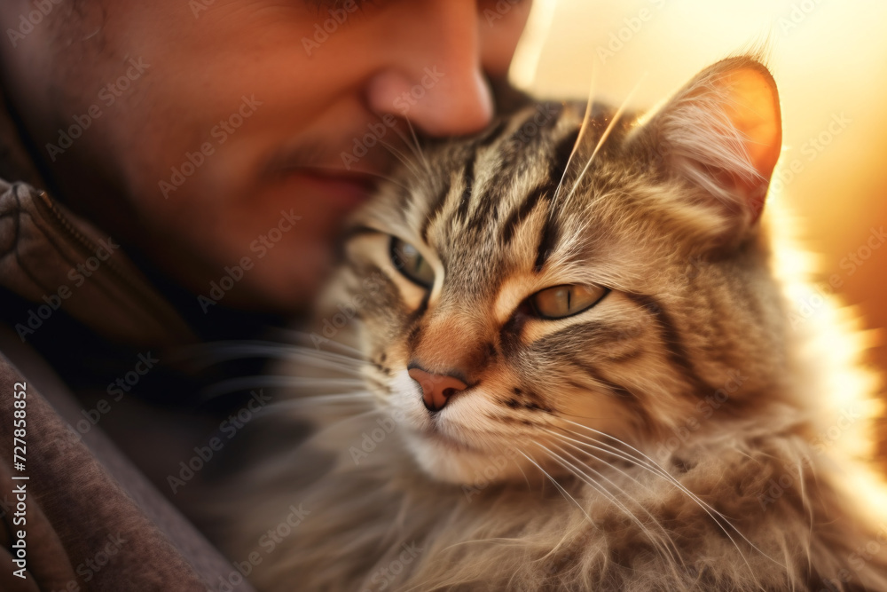 
Cat and man, in the style of emotional gestures, soft focus romanticism.