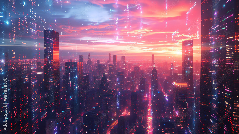 A mesmerizing holographic cityscape at dusk. - obrazy, fototapety, plakaty 
