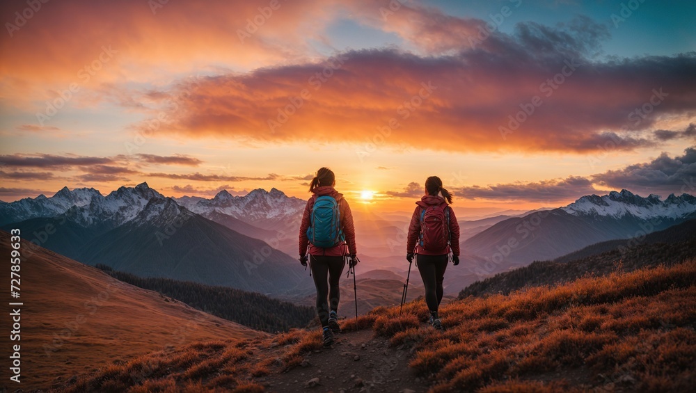 Silhouette adventure hikers hiking on mountains during sunset with colorful sky Silhouette adventure hikers hiking on mountains during sunset with colorful sky