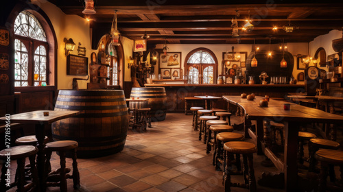 Professional photo of an old beer pub with beer barrels. The atmosphere of a traditional beer pub. Generative AI