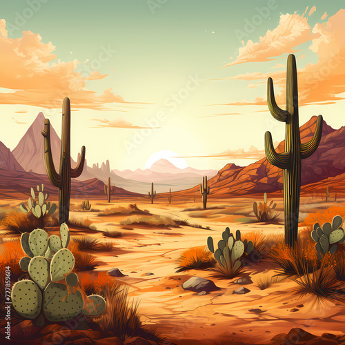 A desert landscape with cactus and mountains. 