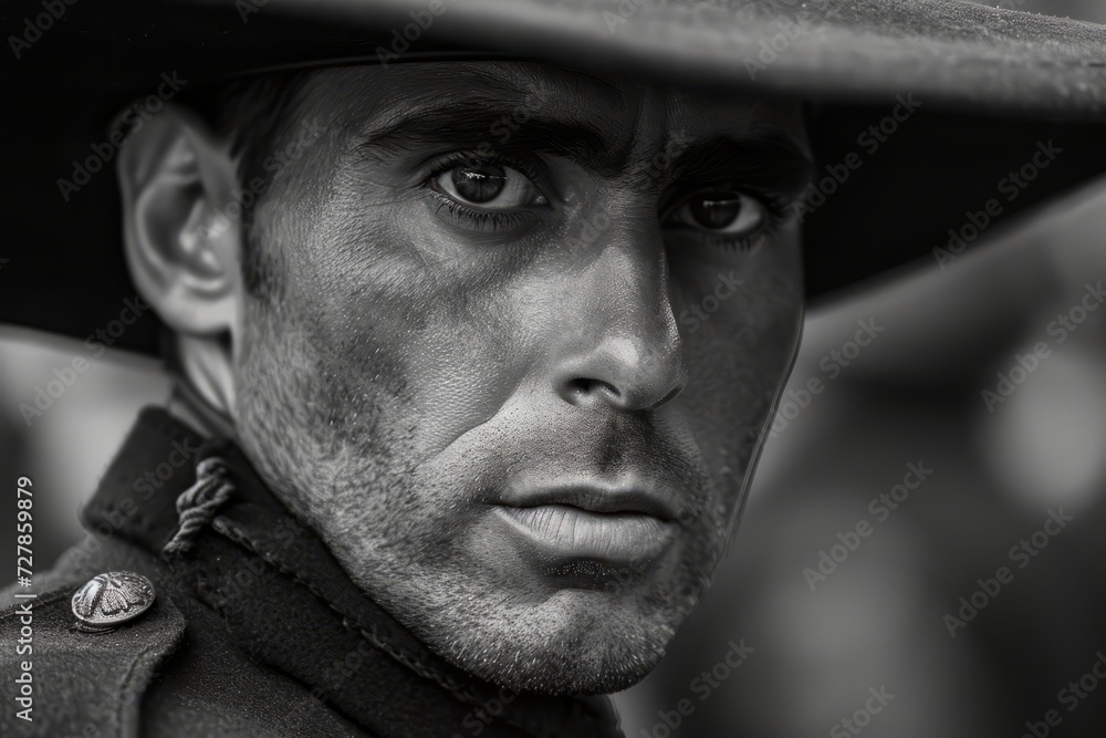 Soldier of Spain old black and white photography. Spanish soldier portrait close up. History of Spain soldier Soldier of Spain old black and white photography. Spanish soldier portrait close up. History of Spain soldier