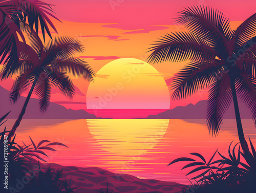 Tropical Paradise Sunset With Reflective Sea - Vibrant Sky Hues, Serene Landscape with Palm Silhouette, Concept of Tranquil Nature Retreat & Exotic Travel Destinations © Marcos