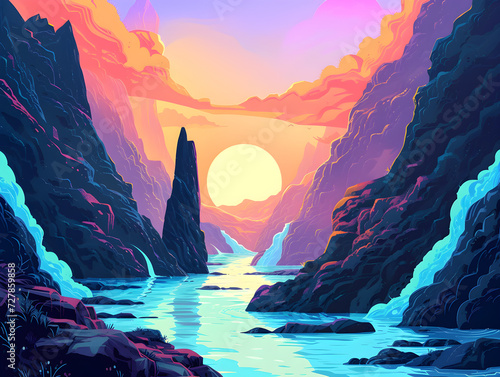 Serene Dawn or Dusk River Scene Digital Art - Idyllic Landscape Canyon Cliffs with Warm Sunrise Sunset Reflections  Concept of Tranquility  Nature Beauty
