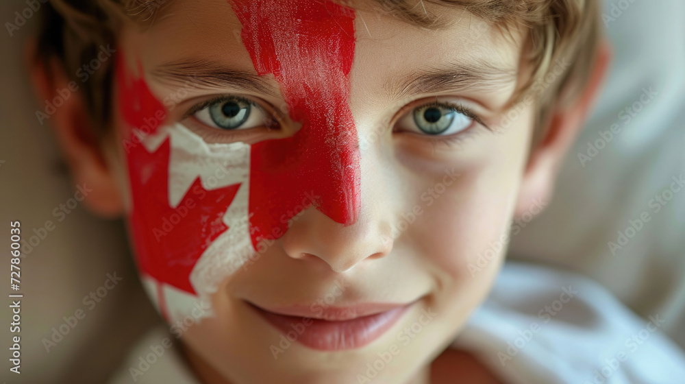 happy boy, a Canadian flag and a red maple leaf are painted on the floor of his face happy boy, a Canadian flag and a red maple leaf are painted on the floor of his face