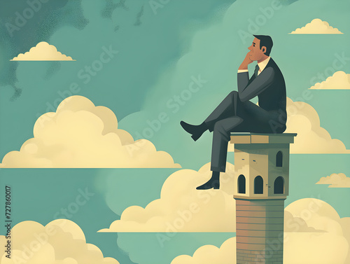 Thoughtful Businessman Contemplating Future Success - Man in Suit on Chimney Above Clouds Concept Illustration photo