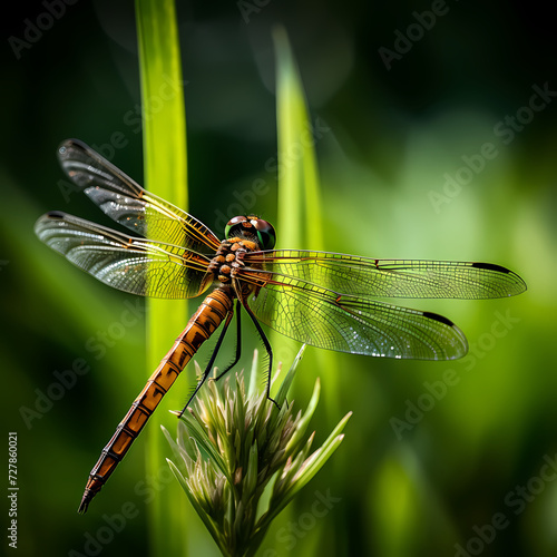 A dragonfly perched on a blade of grass.  © Cao