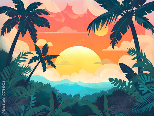 Serene Tropical Sunset Illustration with Radiant Sky Palette of Pink, Orange, Yellow - Concept of Peaceful End of Day, Nature's Beauty & Tranquil Scenery © Marcos