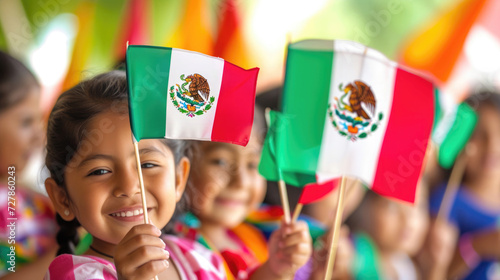 many children holding a small Mexican flag on a stick in their hands, on the street at a parade photo