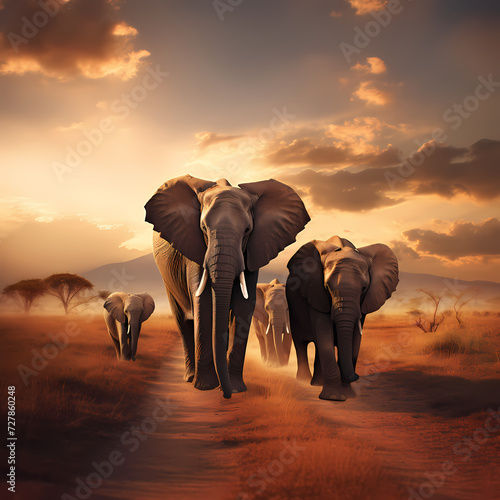 A family of elephants walking through the savannah