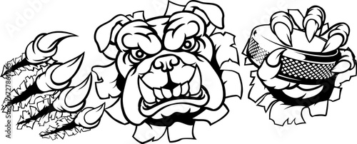 A bulldog ice hockey player animal sports mascot holding a hockey puck