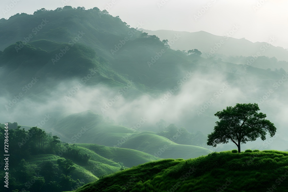 mountain landscape with a solitary tree in the fog, surrounded by lush greenery, under a cloudy sky