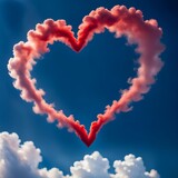 A beautiful red heart-shaped cloud is suspended in the middle of the blue sky.