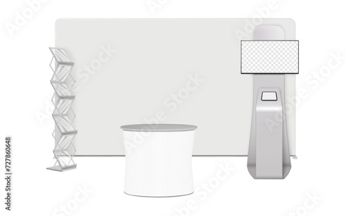 Trade show booth display kit. Expo set mockup. Tradeshow backdrop banner, LCD monitor TV with tablet stand, exhibition table counter, literature rack with clear shelves. Vector mock-up