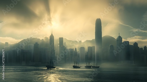 Hong kong the morning sunshine of complete with city architecture  skyscrapers and waterfront views