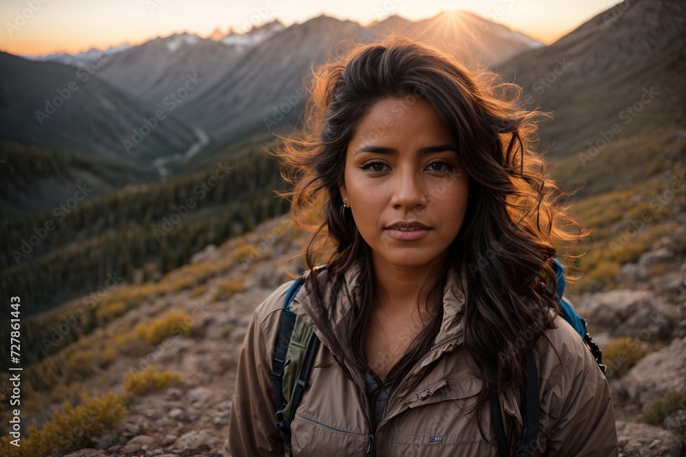 woman is hiking at sunset, in the Rocky Mountains 
