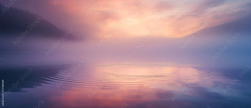Mystical Dawn over Tranquil Waters: A Panoramic Landscape Bathed in a Vivid Sunrise Palette