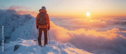 Explorer at Summit Witnesses a Spectacular Sunset Above Clouds in Winter Wonderland