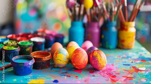 An image of an Easter egg decorating station with a variety of colorful paints and creative tools, highlighting the artistic side of the holiday