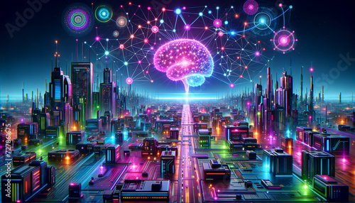 Vibrant Neural Network Unveiling Data Patterns in Futuristic Cityscape