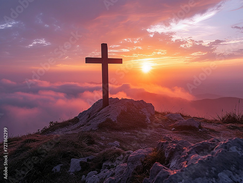 croce cristiana sulla cima della montagna , paesaggio mozzafiato all'alba, concetto di salvezza e risurrezione photo