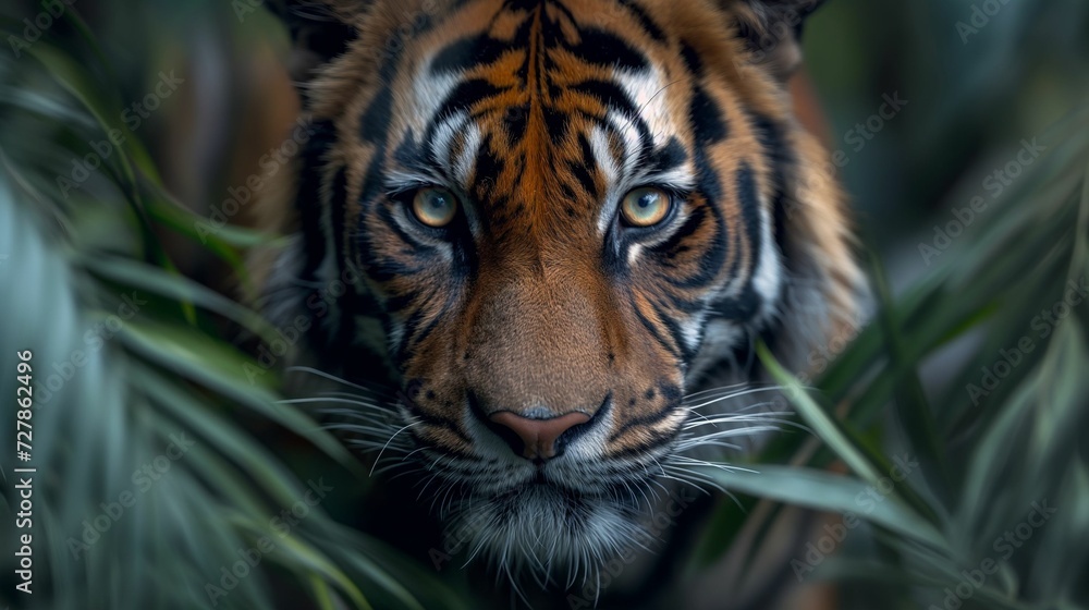 Photorealistic Portrayal: Endangered Sumatran Tiger Captured in Striking Detail, Advocating for Animal Conservation and Inspiring Awareness on the Plight of this Majestic Species. Photorealistic Portrayal: Endangered Sumatran Tiger Captured in Striking Detail, Advocating for Animal Conservation and Inspiring Awareness on the Plight of this Majestic Species.
