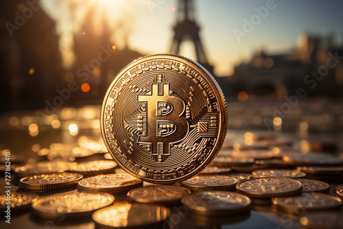 bitcoin coin with the effeil tower in defocused background photo