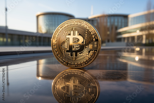 bitcoin coin floating over a building