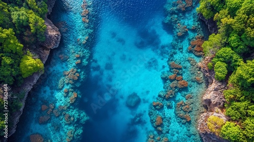 Breathtaking Aerial Vista: Coral Reef Ablaze with Biodiversity, Revealing a Symphony of Vibrant Underwater Colors in a Captivating Display of Marine Life.