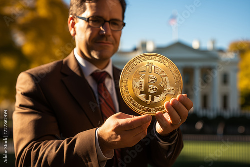 businessman with bitcoin coin, politician promoting bitcoin payement and investment photo