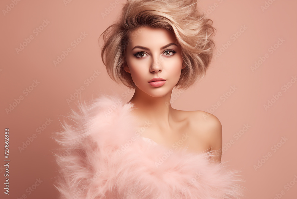 Portrait of beautiful, cute girl in light pink dress, modern hairstyle, isolated on peach fuzz background Portrait of beautiful, cute girl in light pink dress, modern hairstyle, isolated on peach fuzz background