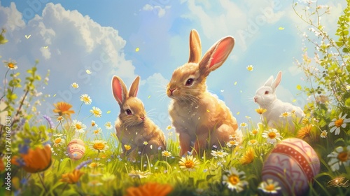 Bunny family posing for a group photo in a field of springtime blooms and Easter eggs