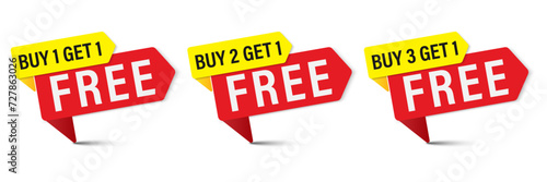 Set buy 1 to 3 Get One Free tags, Promotion discount isolated on white background, Discount speech bubble tag, Banner design template for advertising. Special offer, retail. Vector and Illustration.