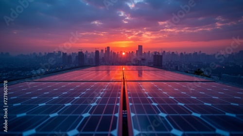 Solar Elevation: Urban Rooftop Embraces Renewable Energy with Solar Panels Silhouetted Against a Radiant Sunrise Sky