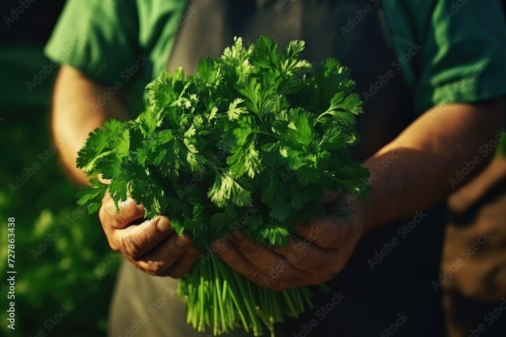 colorful portrait of a farmer holding parsley in his hands