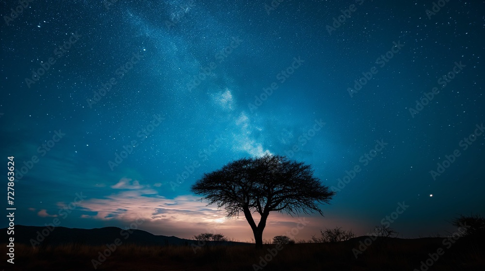 Serenity Under the Stars – Majestic Tree and Cosmic Horizon - obrazy, fototapety, plakaty 