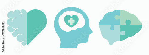 Medicine, psychology, psychiatry. Brain, heart, mental health. Hospital, clinic. Education, intelligence, puzzle. Healthy, therapy, healing. Vector, icon, set, illustration